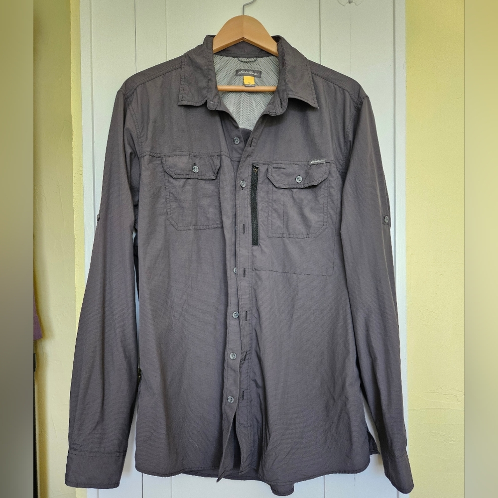 Eddie Bauer Travex Shirt Size TL (LT)  Charcoal Gray Button Up Zip Pocket